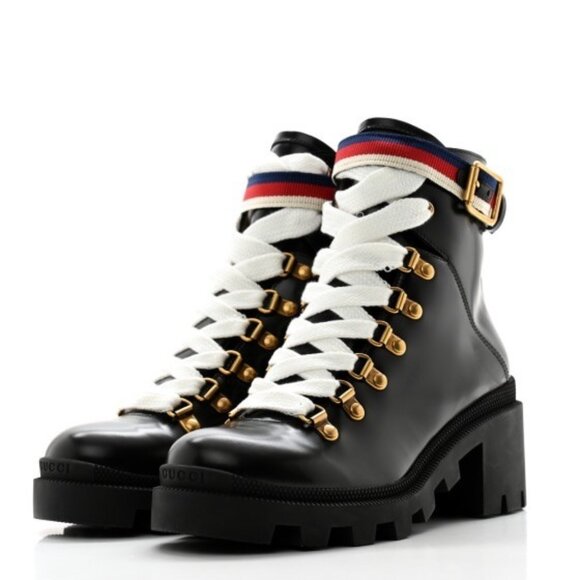 Gucci Women's Calfskin Sylvie Web Lace Up Combat Boots Black 481156 EU36 - Picture 1 of 12